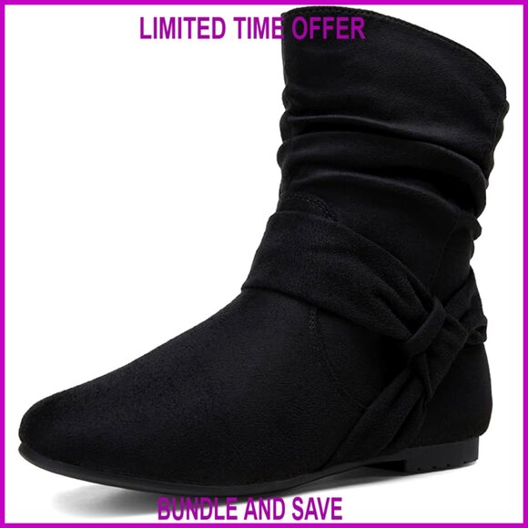 Women's Slouch Ankle Boots Low Heel Zipper Booties Non-Slip Sole